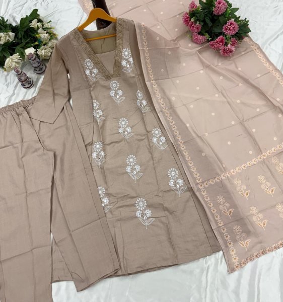 Polished Light Brown Color 3 Piece Cotton Anarkali Kurta Pant with with Malmal Dupatta at manufacturer rates Anarkali Kurtis 