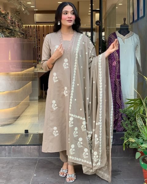 Polished Light Brown Color 3 Piece Cotton Anarkali Kurta Pant with with Malmal Dupatta at manufacturer rates Anarkali Kurtis 