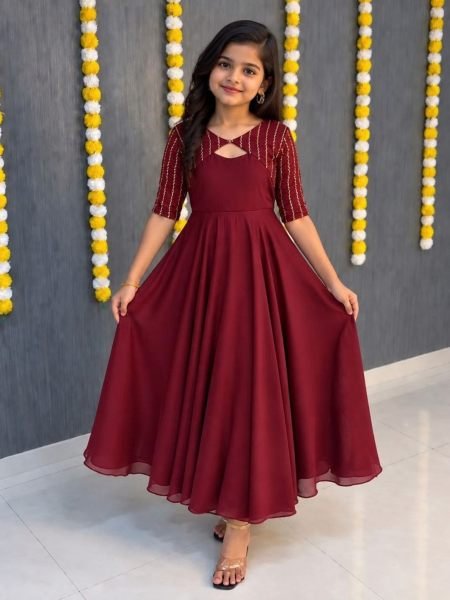 Polished Maroon Kids Vichithra Silk Gown with Beaded Coat at Manufacturer  Kurtis