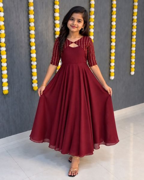 Polished Maroon Kids Vichithra Silk Gown with Beaded Coat at Manufacturer  Girls Wear