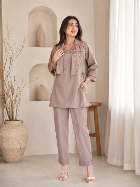 Polished Mauve Dhabu Cotton Palazzo Suit Set for Women with Ready to Wear Design CO ORD Sets