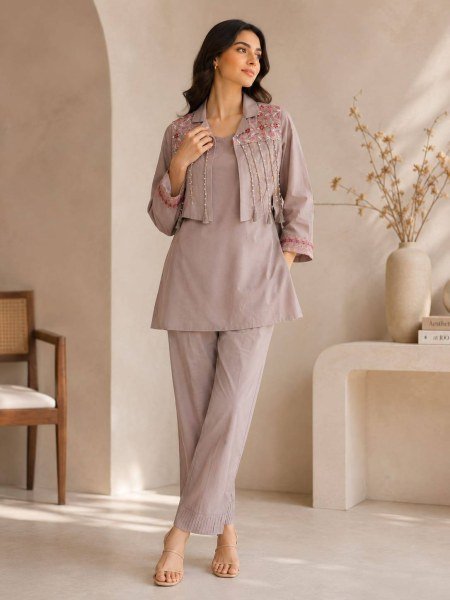 Polished Mauve Dhabu Cotton Palazzo Suit Set for Women with Ready to Wear Design CO ORD Sets