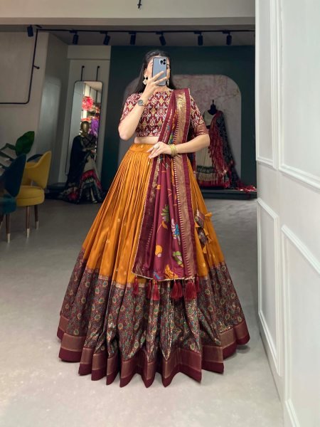 Polished Mustard Yellow Tussar Silk Kalamkari Print Lehenga Choli with Foil Work Designer Lehenga Choli