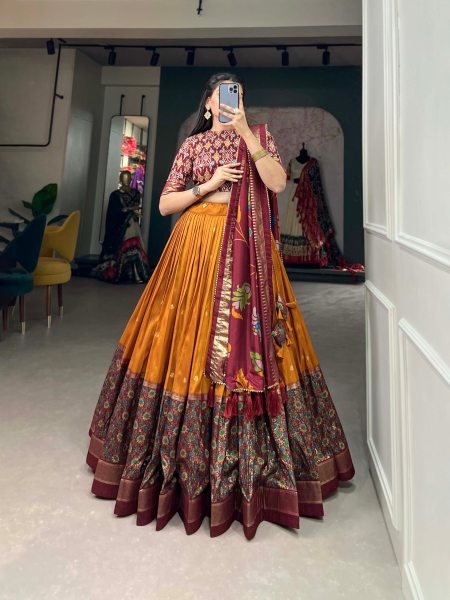 Polished Mustard Yellow Tussar Silk Kalamkari Print Lehenga Choli with Foil Work Designer Lehenga Choli