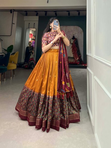 Polished Mustard Yellow Tussar Silk Kalamkari Print Lehenga Choli with Foil Work Designer Lehenga Choli