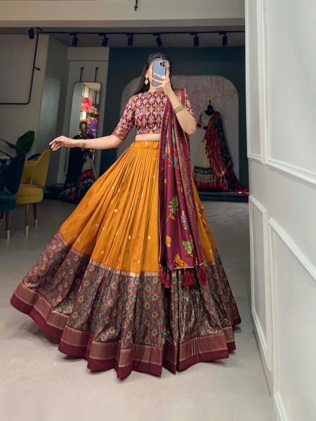 Polished Mustard Yellow Tussar Silk Kalamkari Print Lehenga Choli with Foil Work Designer Lehenga Choli
