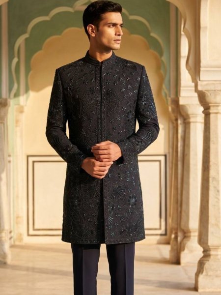 Polished Navy Blue Armani Indo Western Collection with Rich Sequins For Party Wear 