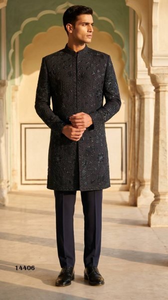 Polished Navy Blue Armani Indo Western Collection with Rich Sequins For Party Wear Kurta Pajama Wholesale