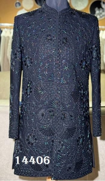 Polished Navy Blue Armani Indo Western Collection with Rich Sequins For Party Wear Kurta Pajama Wholesale