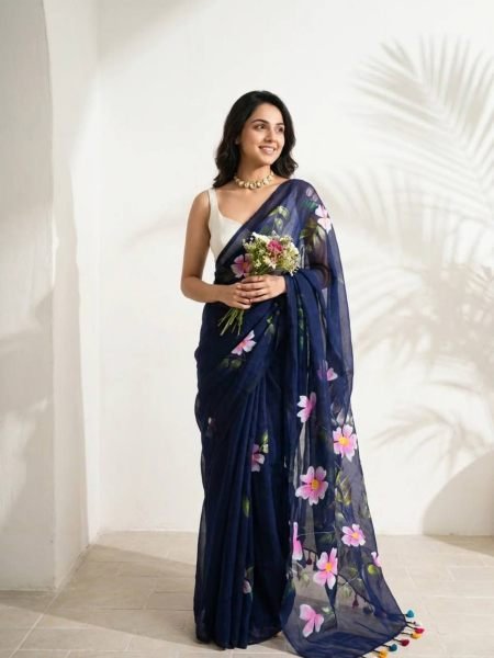 Polished Navy Blue Designer Linen Cotton Digital Printed Saree with Tussle for Festival