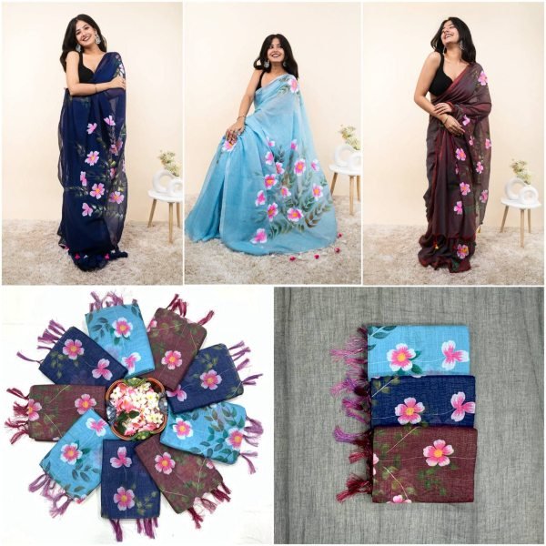 Polished Navy Blue Designer Linen Cotton Digital Printed Saree with Tussle for Festival Cotton Sarees Wholesale