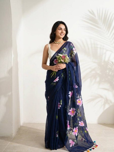 Polished Navy Blue Designer Linen Cotton Digital Printed Saree with Tussle for Festival Cotton Sarees Wholesale