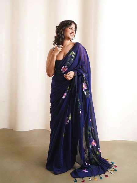 Polished Navy Blue Designer Linen Cotton Digital Printed Saree with Tussle for Festival Cotton Sarees Wholesale