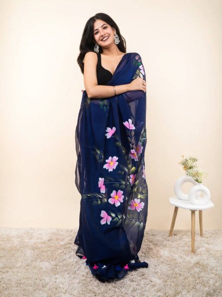 Polished Navy Blue Designer Linen Cotton Digital Printed Saree with Tussle for Festival Cotton Sarees Wholesale