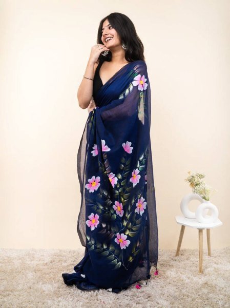 Polished Navy Blue Designer Linen Cotton Digital Printed Saree with Tussle for Festival Cotton Sarees Wholesale
