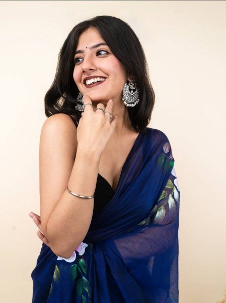 Polished Navy Blue Designer Linen Cotton Digital Printed Saree with Tussle for Festival Cotton Sarees Wholesale