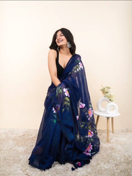 Polished Navy Blue Designer Linen Cotton Digital Printed Saree with Tussle for Festival Cotton Sarees Wholesale