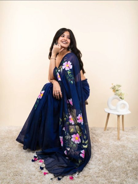 Polished Navy Blue Designer Linen Cotton Digital Printed Saree with Tussle for Festival Cotton Sarees Wholesale