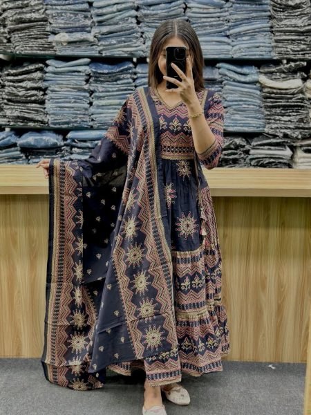 Polished Navy Blue Soft Cotton Printed Anarkali Set with Matching Dupatta Kurtis