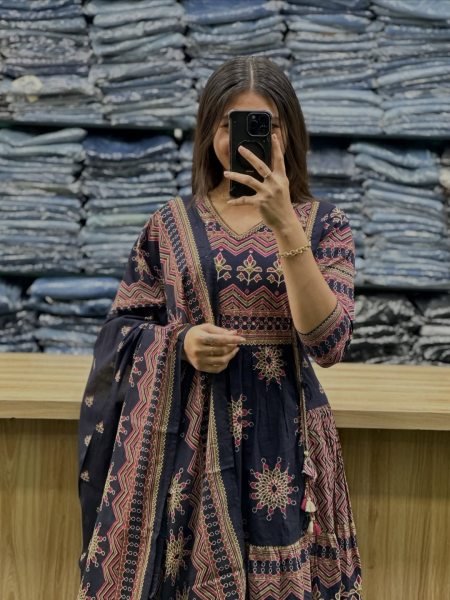 Polished Navy Blue Soft Cotton Printed Anarkali Set with Matching Dupatta Anarkali Kurtis 