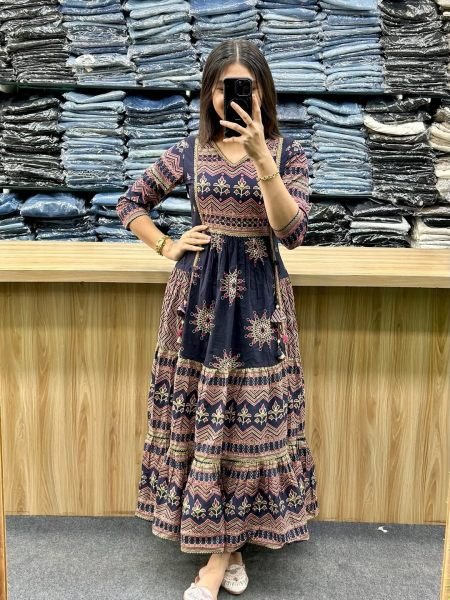 Polished Navy Blue Soft Cotton Printed Anarkali Set with Matching Dupatta Anarkali Kurtis 