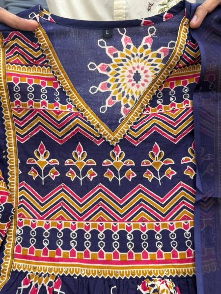 Polished Navy Blue Soft Cotton Printed Anarkali Set with Matching Dupatta Anarkali Kurtis 