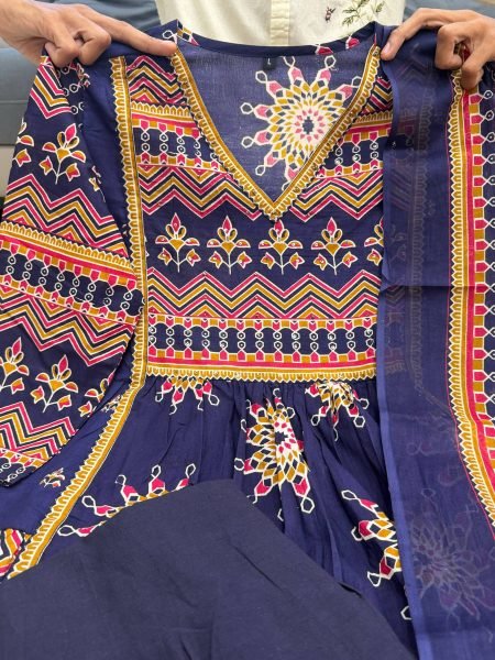 Polished Navy Blue Soft Cotton Printed Anarkali Set with Matching Dupatta Anarkali Kurtis 