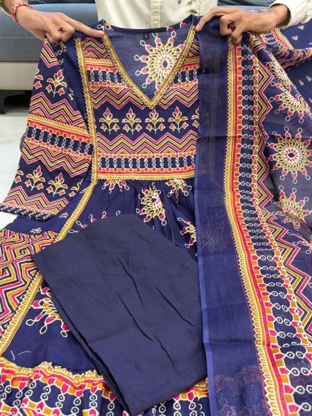 Polished Navy Blue Soft Cotton Printed Anarkali Set with Matching Dupatta Anarkali Kurtis 