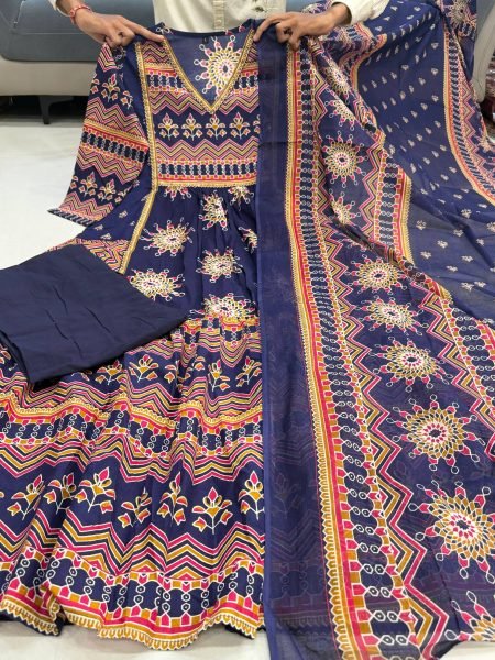 Polished Navy Blue Soft Cotton Printed Anarkali Set with Matching Dupatta Anarkali Kurtis 