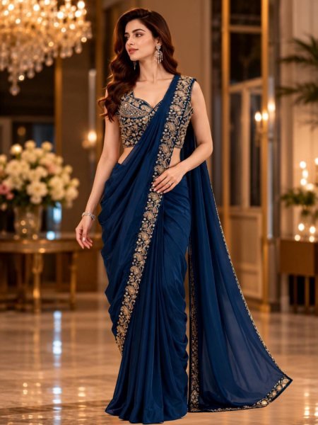 Polished Navy Blue Wedding Ready to Wear Saree with Designer Embroidery Blouse Sarees 