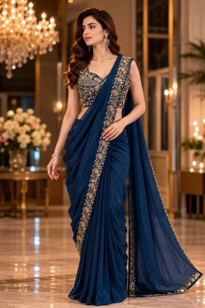 Polished Navy Blue Wedding Ready to Wear Saree with Designer Embroidery Blouse Designer Wedding Sarees Wholesale