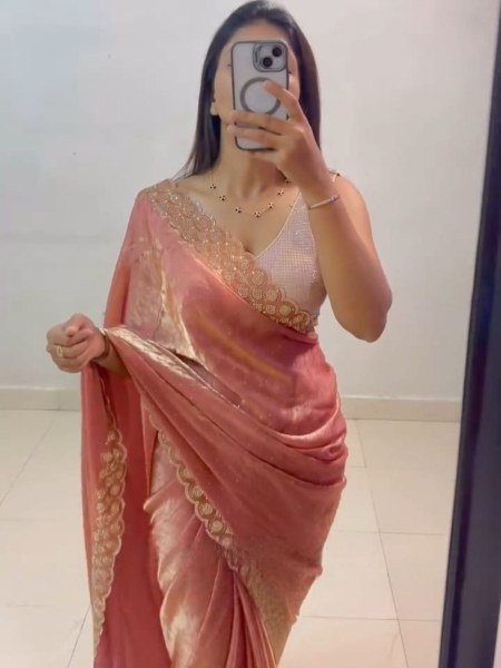 Polished Peach Fancy Chiffon Saree with Diamond Work for Women Sarees 