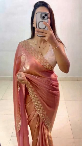 Polished Peach Fancy Chiffon Saree with Diamond Work for Women Silk Sarees Wholesale