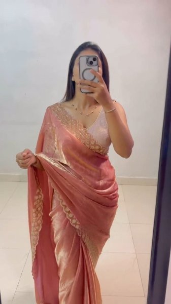 Polished Peach Fancy Chiffon Saree with Diamond Work for Women Silk Sarees Wholesale