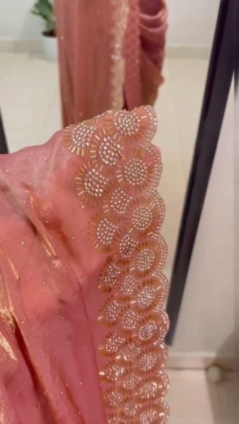 Polished Peach Fancy Chiffon Saree with Diamond Work for Women Silk Sarees Wholesale