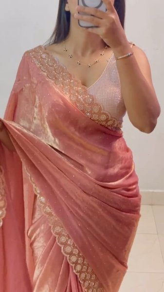 Polished Peach Fancy Chiffon Saree with Diamond Work for Women Silk Sarees Wholesale