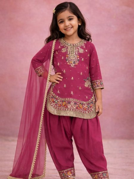 Polished Pink  Girls Patiyala Suit with Dupatta for Party Wear at Manufacturer Rate Kurtis