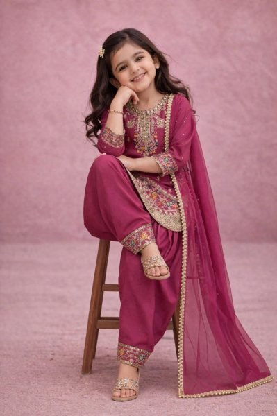 Polished Pink  Girls Patiyala Suit with Dupatta for Party Wear at Manufacturer Rate Girls Wear