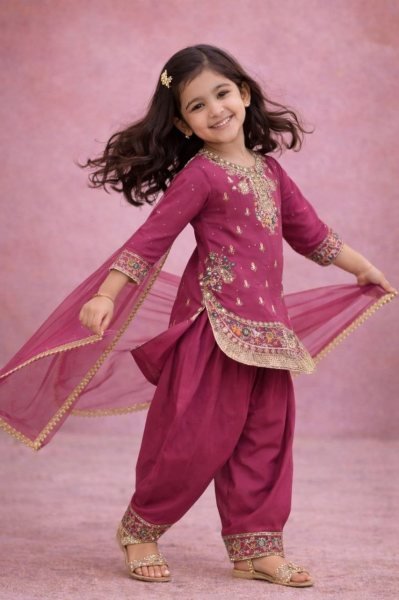 Polished Pink  Girls Patiyala Suit with Dupatta for Party Wear at Manufacturer Rate Girls Wear