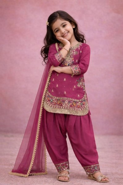 Polished Pink  Girls Patiyala Suit with Dupatta for Party Wear at Manufacturer Rate Girls Wear