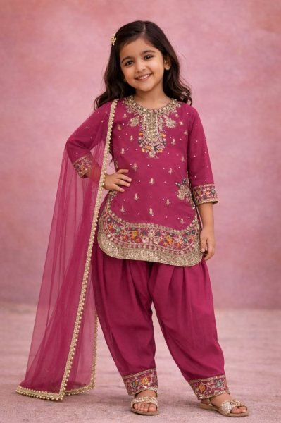 Polished Pink  Girls Patiyala Suit with Dupatta for Party Wear at Manufacturer Rate Girls Wear