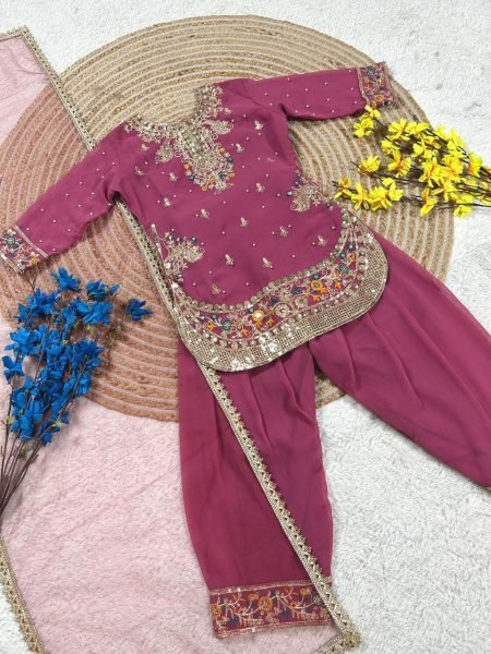 Polished Pink  Girls Patiyala Suit with Dupatta for Party Wear at Manufacturer Rate Girls Wear