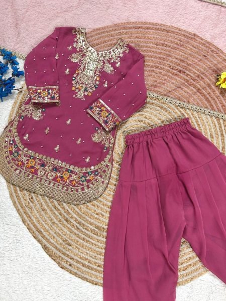 Polished Pink  Girls Patiyala Suit with Dupatta for Party Wear at Manufacturer Rate Girls Wear