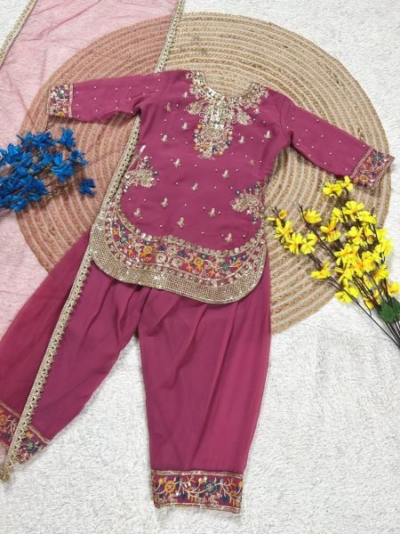 Polished Pink  Girls Patiyala Suit with Dupatta for Party Wear at Manufacturer Rate Girls Wear