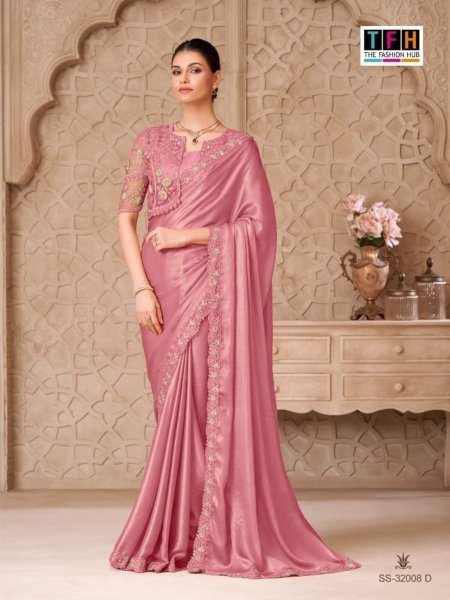 Polished Pink Women's Gold Shimmer Satin Georgette Party Wear Saree Set  