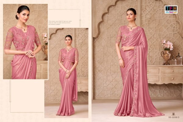 Polished Pink Women's Gold Shimmer Satin Georgette Party Wear Saree Set  Designer Wedding Sarees Wholesale