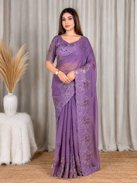 Polished Purple Designer Star Georgette Saree with Heavy Beads Embroidery and Sequins Blouse Georgette Sarees Wholesale