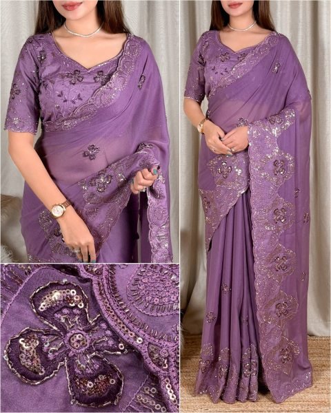 Polished Purple Designer Star Georgette Saree with Heavy Beads Embroidery and Sequins Blouse Georgette Sarees Wholesale