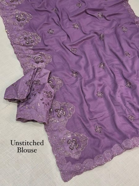 Polished Purple Designer Star Georgette Saree with Heavy Beads Embroidery and Sequins Blouse Georgette Sarees Wholesale