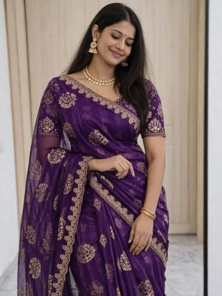 Polished Purple Elegant Embroidered Saree for Festive and Wedding Wear Sarees 